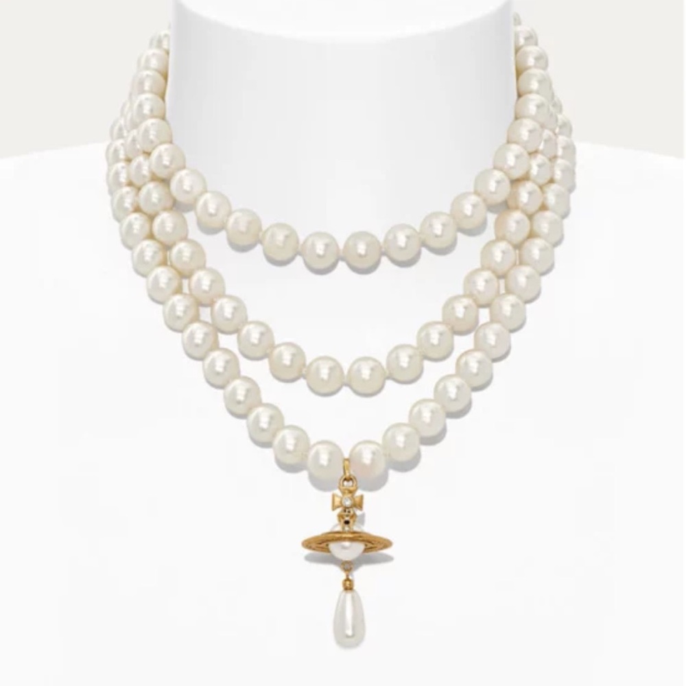 AUTH-Vivienne Westwood | Three Row Pearl
Drop Chocker Gold-tone